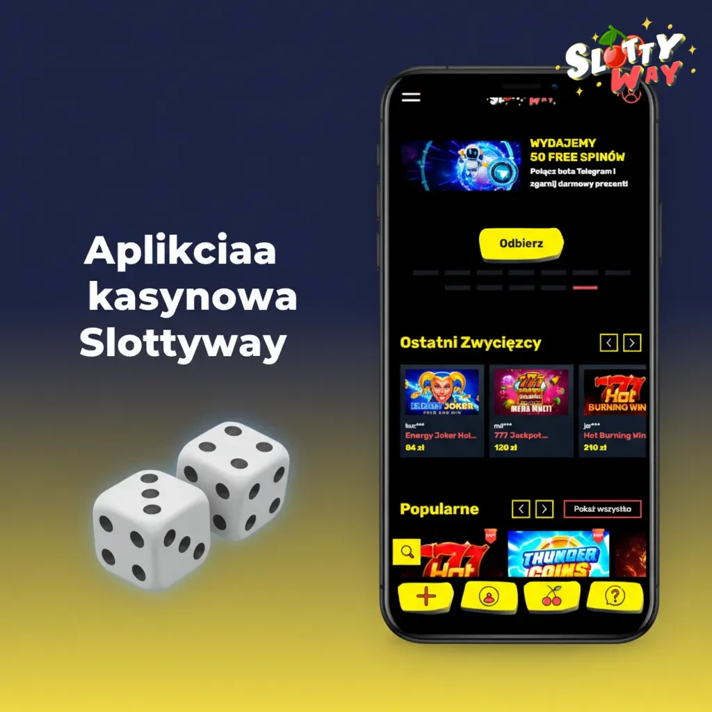 Interfejs aplikacji kasynowej Slottyway: popularne wydarzenia, przełącznik zakłady/gry, sloty, stoły i kasyno na żywo.