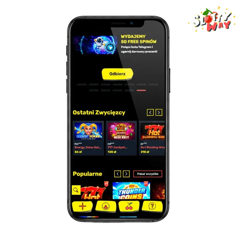 Baner pobierania aplikacji Slottyway na Android i iOS z ikoną APK oraz logotypami Blik, VISA, Mastercard i kryptowalut