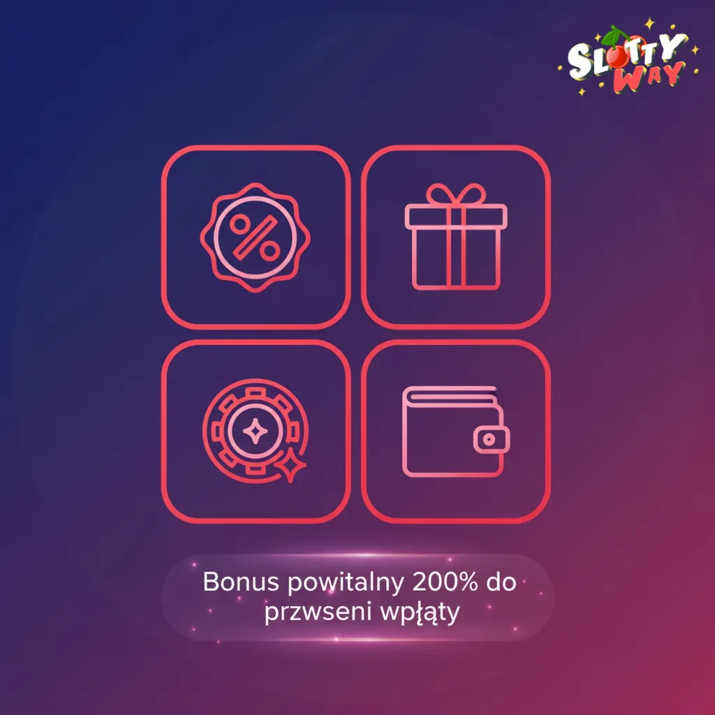 Grafika promująca bonus 200% do pierwszej wpłaty w kasynie; min. depozyt 20 PLN, wymóg obrotu x40